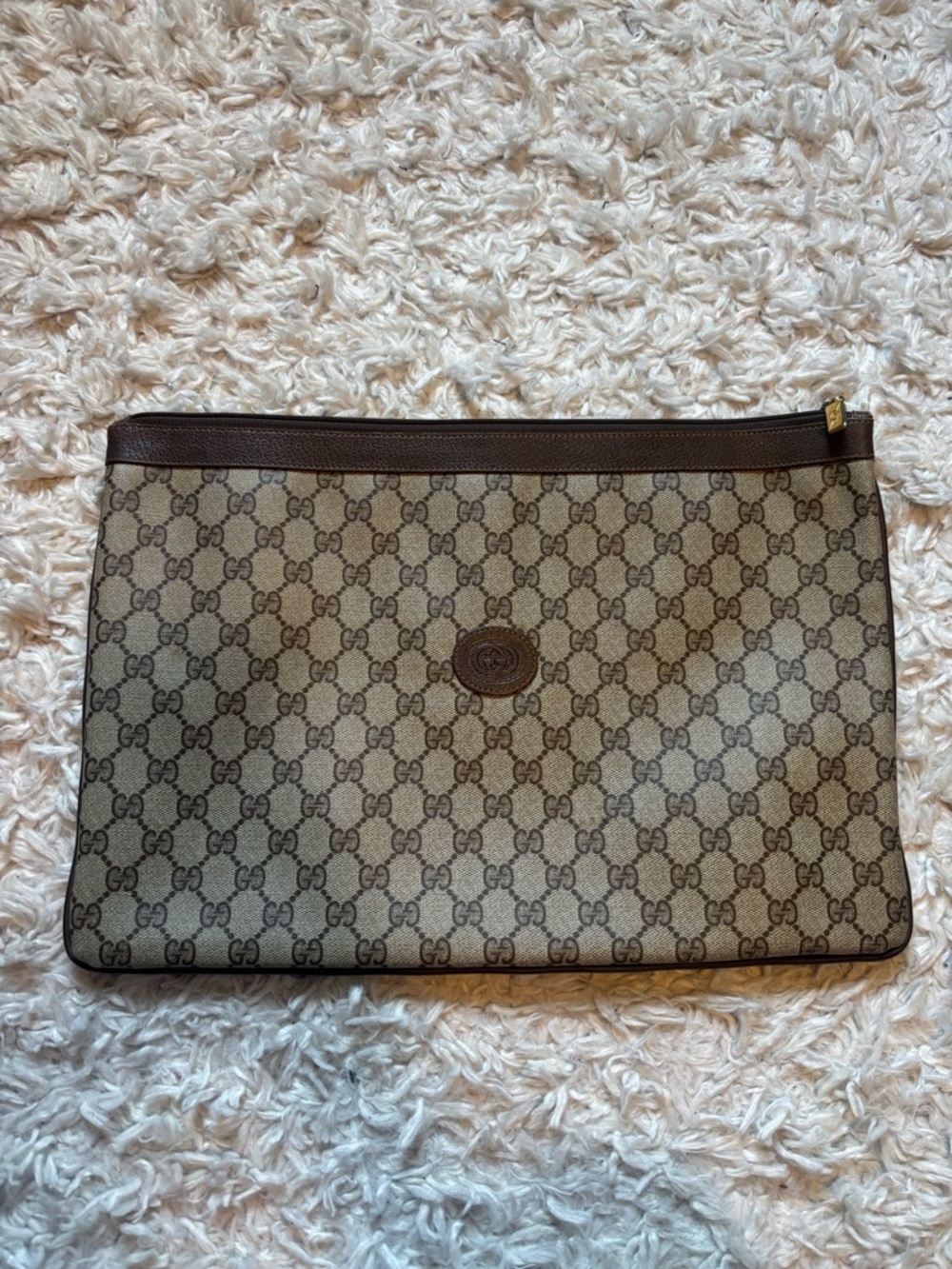 Gucci Tan Suede Interior with Dark Brown Leather Trim and Gold Logo Plaque